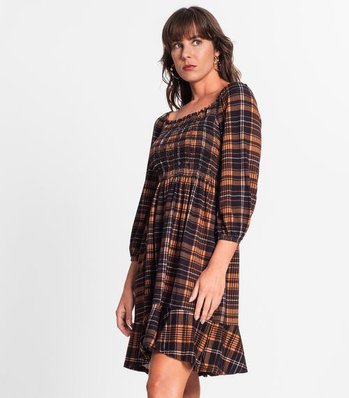 Vestido Xadrez Feminino Mangas 3/4 Endless Marrom