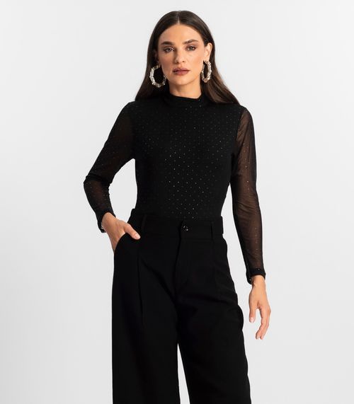Body Manga Longa de Tule Glitter Endless Preto