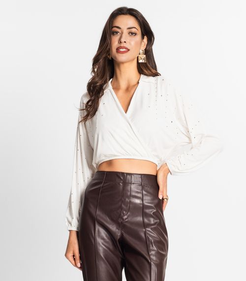 Camisa Feminina Manga Longa Com Strass Endless Bege