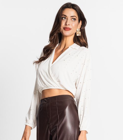 Camisa Feminina Manga Longa Com Strass Endless Bege