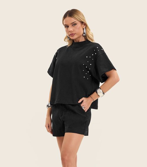 T- Shirt Feminina Gola Alta em Malhão Endless Preto
