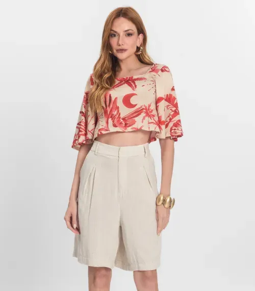 Bemuda Feminina Em Linho Com Bolsos Endless Bege