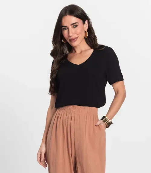Blusa Feminina Manga Curta Decote V Endless Preto