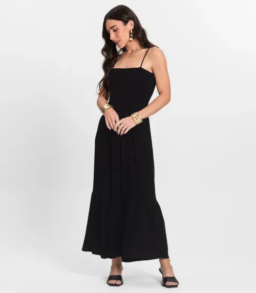 Vestido Midi Feminino Decote Quadrado Endless Preto
