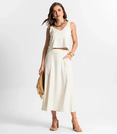 Saia Midi Com Bolso Endless Bege