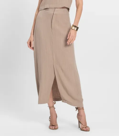 Saia Midi Feminina Em Linho Fio Tinto Endless Marrom