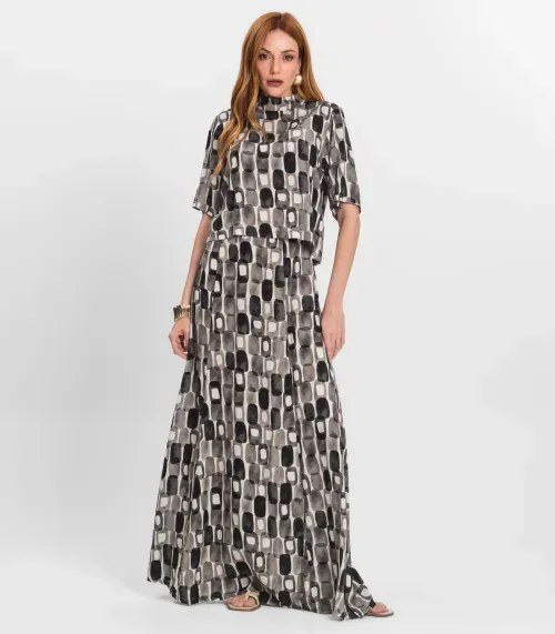 Saia Longa Feminina Estampada Endless Preto