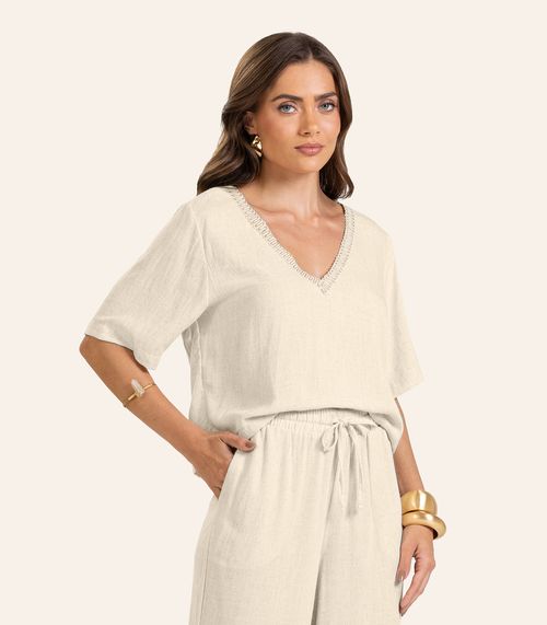 T- shirt em V Feminina Endless Bege