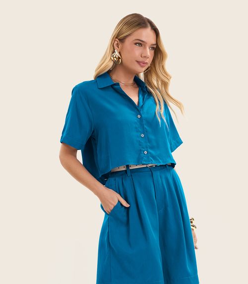Camisa Feminina Manga Curta Com Gola Endless Azul
