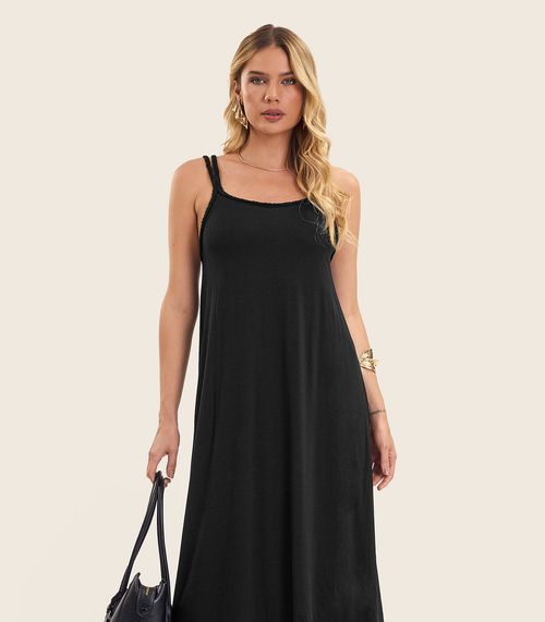Vestido Midi de Alça em Visco Maquinetada Endless Preto