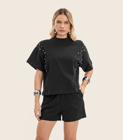 T- Shirt Feminina Gola Alta em Malhão Endless Preto