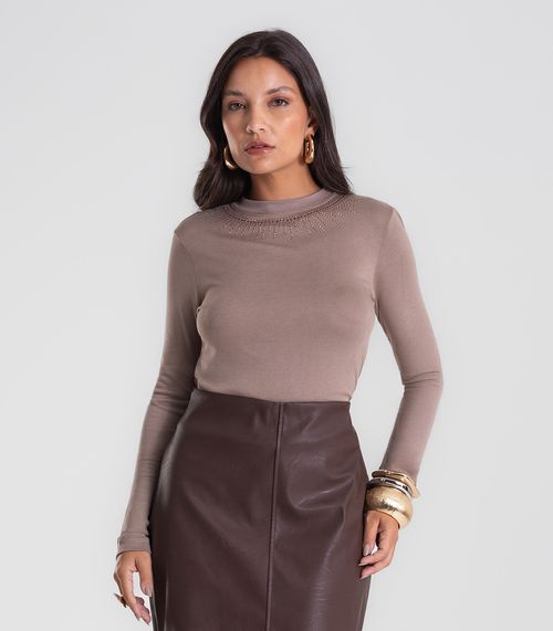 Blusa Feminina Manga Longa em Visco Tricot Endless Marrom