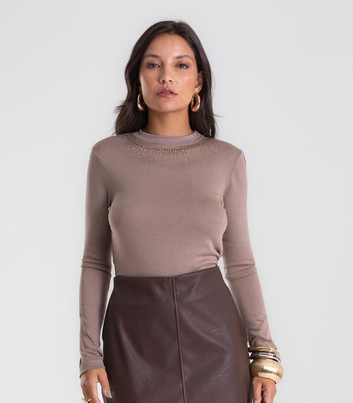 Blusa Feminina Manga Longa em Visco Tricot Endless Marrom