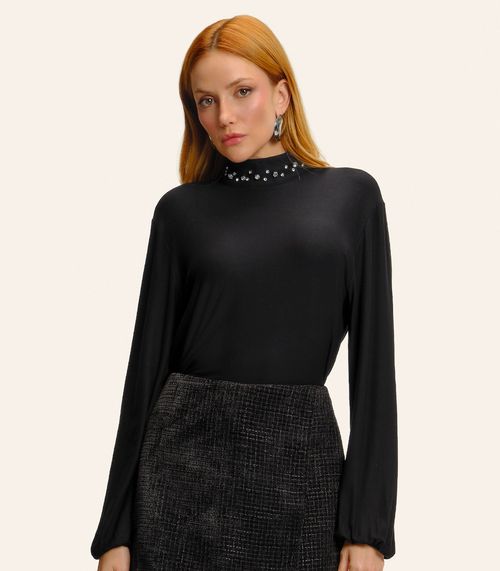 Blusa Feminina Manga Longa Gola Com Rebite Endless Preto