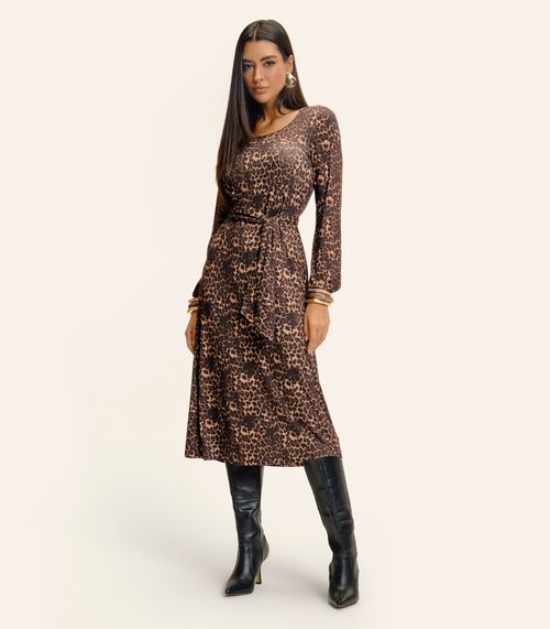 Vestido Midi Manga Longa Animal Print Endless Marrom