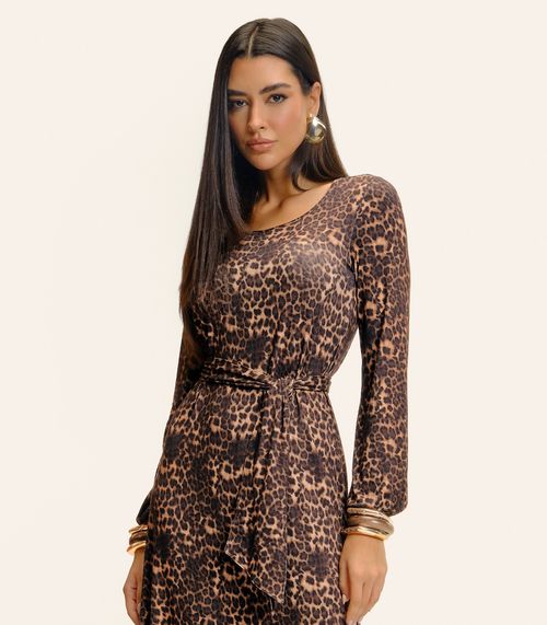 Vestido Midi Manga Longa Animal Print Endless Marrom