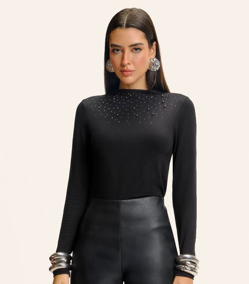Blusa Feminina Manga Longa Com Rebite Endless Preto