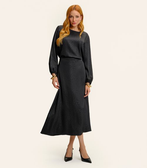 Saia Midi Jacquard Acetinado Onças Feminina Preto