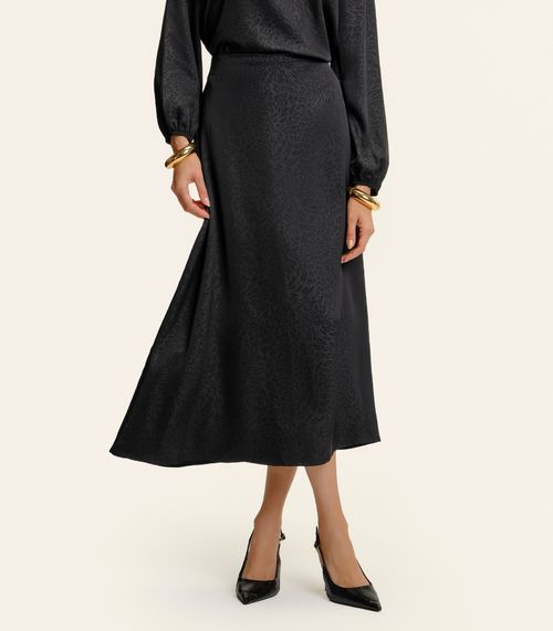 Saia Midi Jacquard Acetinado Onças Feminina Preto