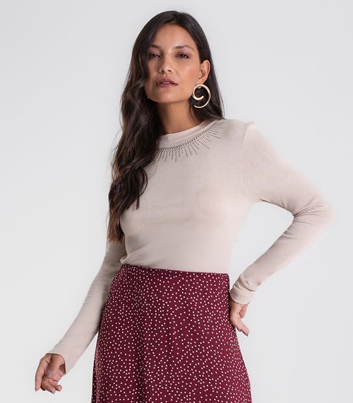 Blusa Feminina Manga Longa em Visco Tricot Endless Bege
