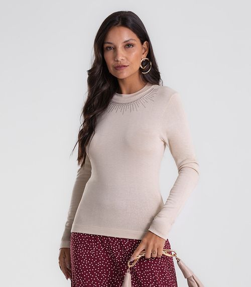 Blusa Feminina Manga Longa em Visco Tricot Endless Bege