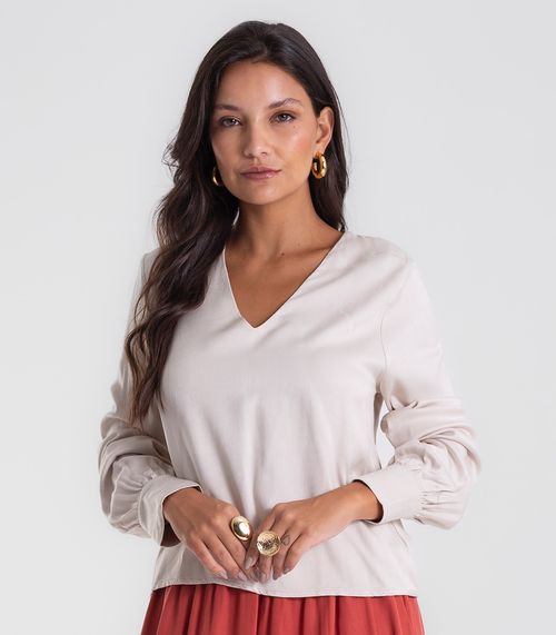 Blusa Feminina Manga Longa Decote V Endless Bege