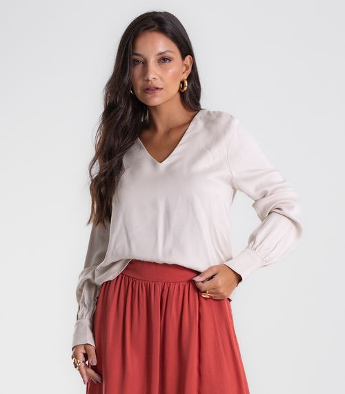 Blusa Feminina Manga Longa Decote V Endless Bege