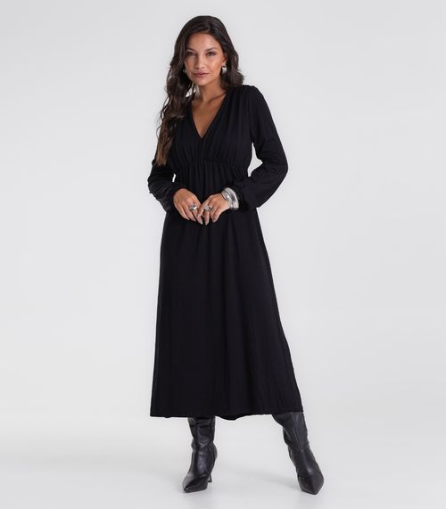 Vestido Feminino Midi Manga Bufante Endless Preto
