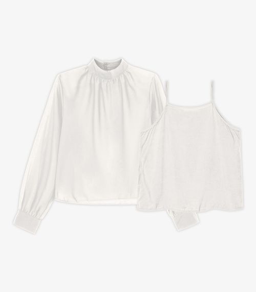 Camisa Manga Longa Chiffon Com Regata Endless Bege