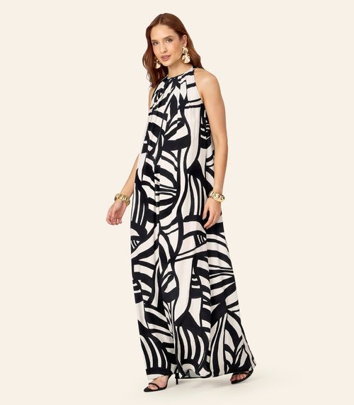 Vestido Feminino Longo Evasê Estampado Endless Preto