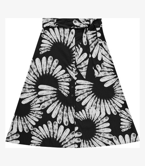 Saia Feminina Midi Evasê Linho Estampada Endless Preto