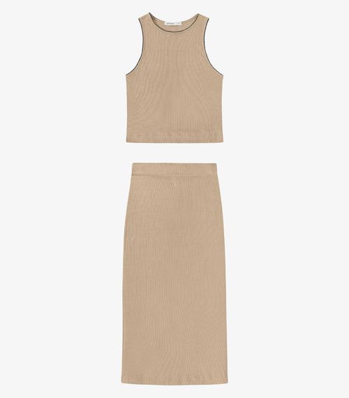 Conjunto Feminino Regata E Saia Em Ribana Endless Bege
