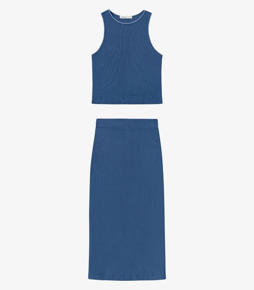 Conjunto Feminino Regata E Saia Em Ribana Endless Azul