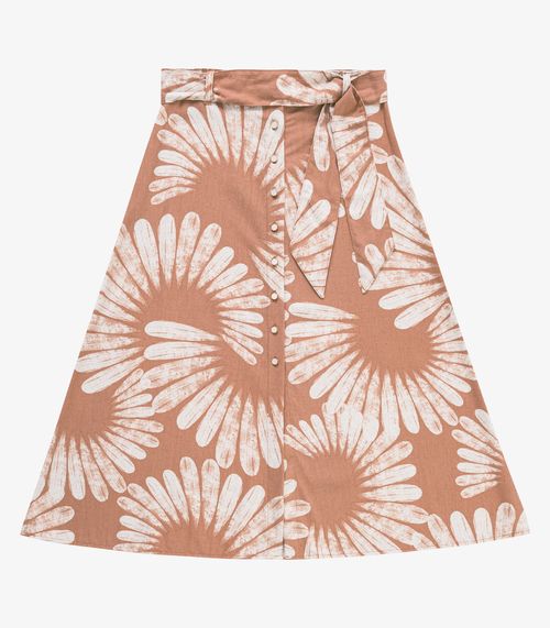 Saia Feminina Midi Evasê Linho Estampada Endless Marrom