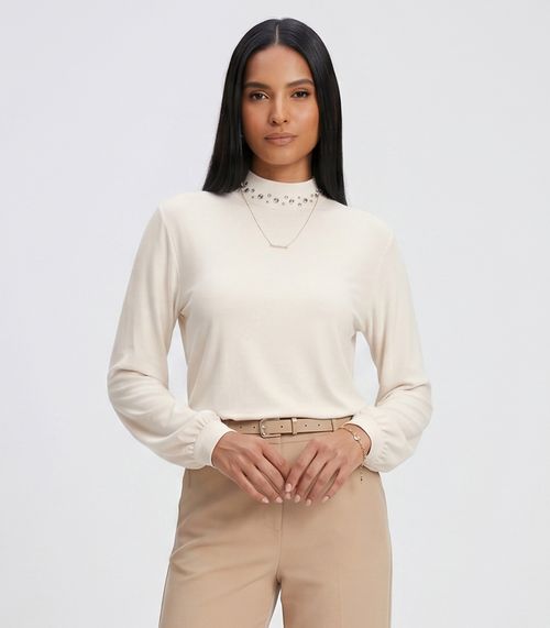 Blusa Feminina Manga Longa Gola Com Rebite Endless Bege