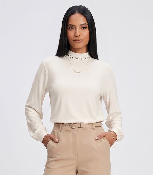 Blusa Feminina Manga Longa Gola Com Rebite Endless Bege