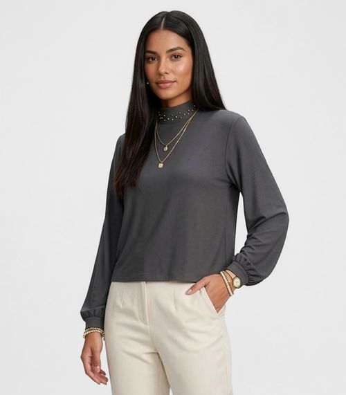 Blusa Feminina Manga Longa Gola Com Rebite Endless Cinza