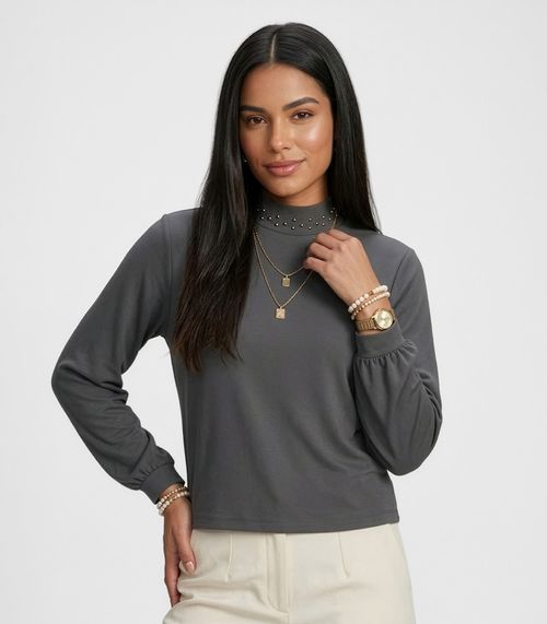 Blusa Feminina Manga Longa Gola Com Rebite Endless Cinza