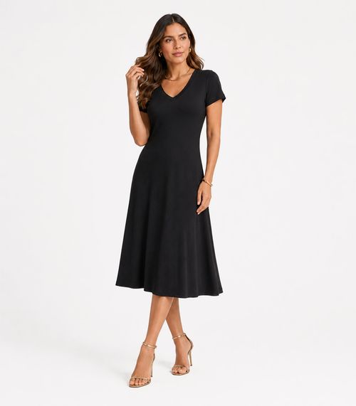 Vestido Midi Com Decote Em V Malha Visco Endless Preto