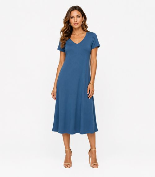 Vestido Midi Com Decote Em V Malha Visco Endless Azul