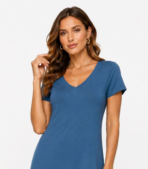 Vestido Midi Com Decote Em V Malha Visco Endless Azul