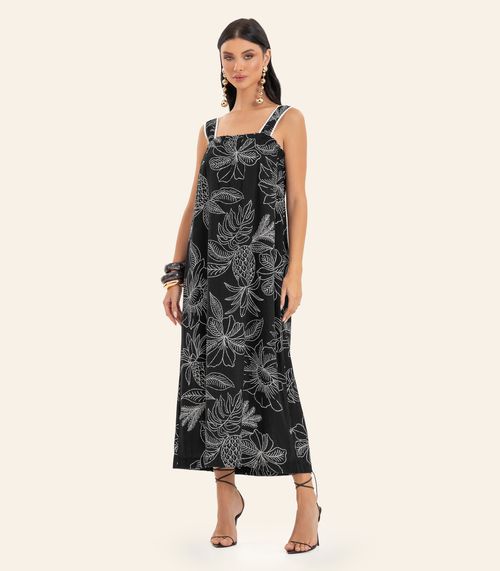 Vestido Feminino Midi Decote Quadrado Endless Preto