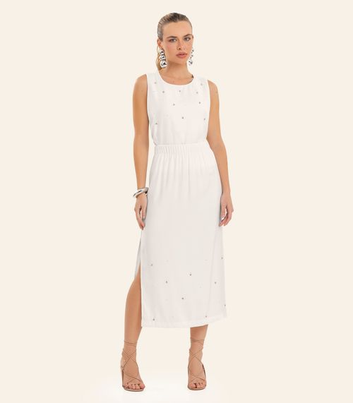Saia Feminina Midi Com Strass E Rebite Endless Bege