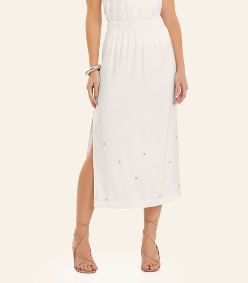 Saia Feminina Midi Com Strass E Rebite Endless Bege