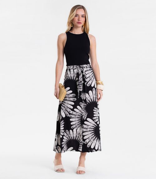Saia Feminina Midi Evasê Linho Estampada Endless Preto