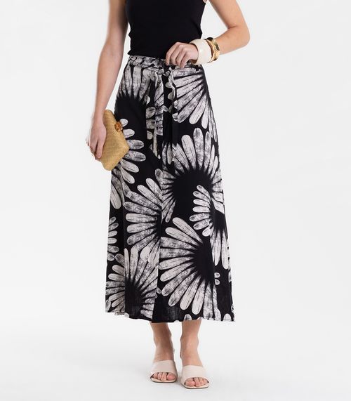 Saia Feminina Midi Evasê Linho Estampada Endless Preto