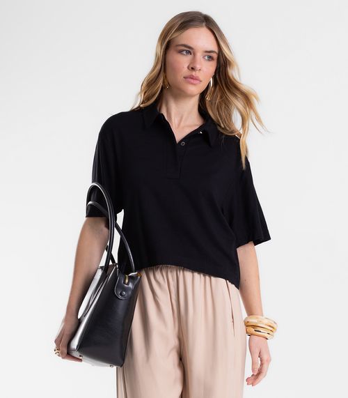 Camisa Polo Feminina Em Visco Maquinetada Endless Preto