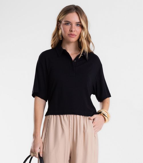 Camisa Polo Feminina Em Visco Maquinetada Endless Preto