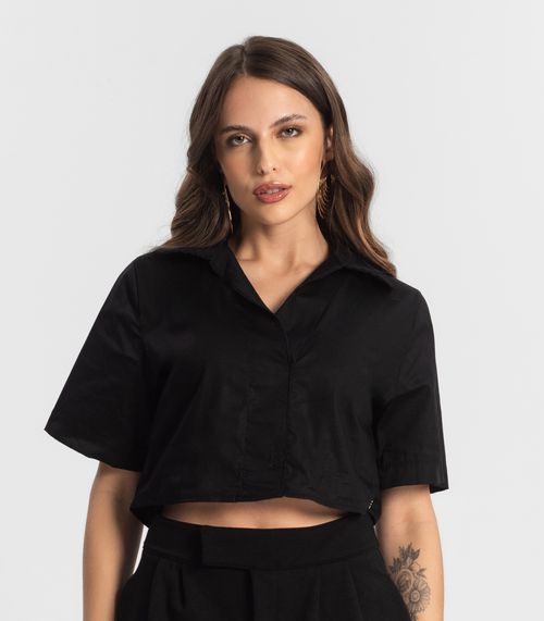 Camisa Feminina Cropped Box Em Popeline Endless Preto