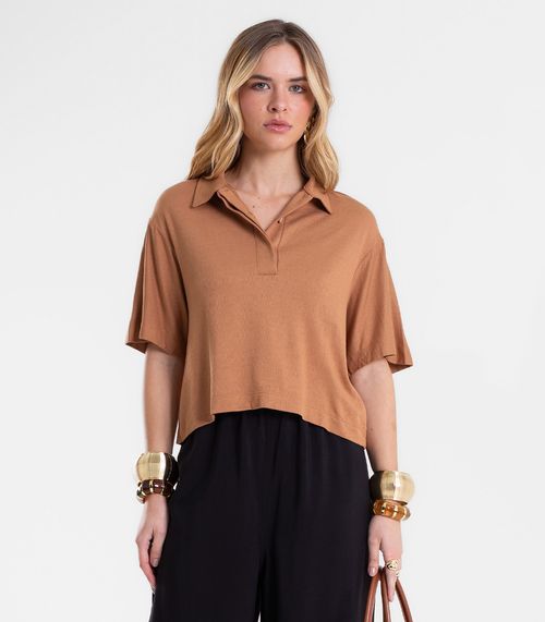 Camisa Polo Feminina Em Visco Maquinetada Endless Marrom